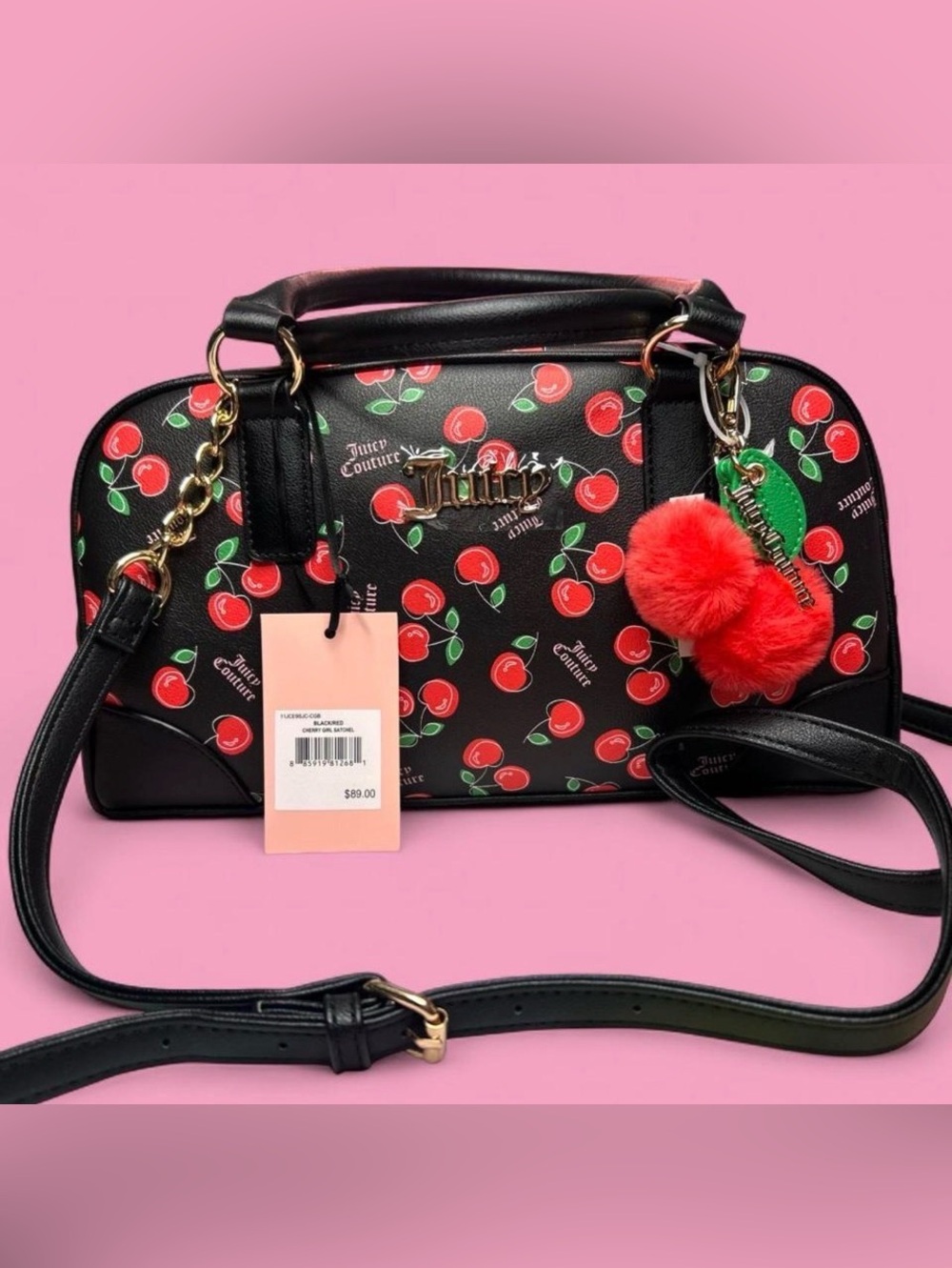Juicy Couture Black Cherry Print Crossbody Bag with Red Pom Charm